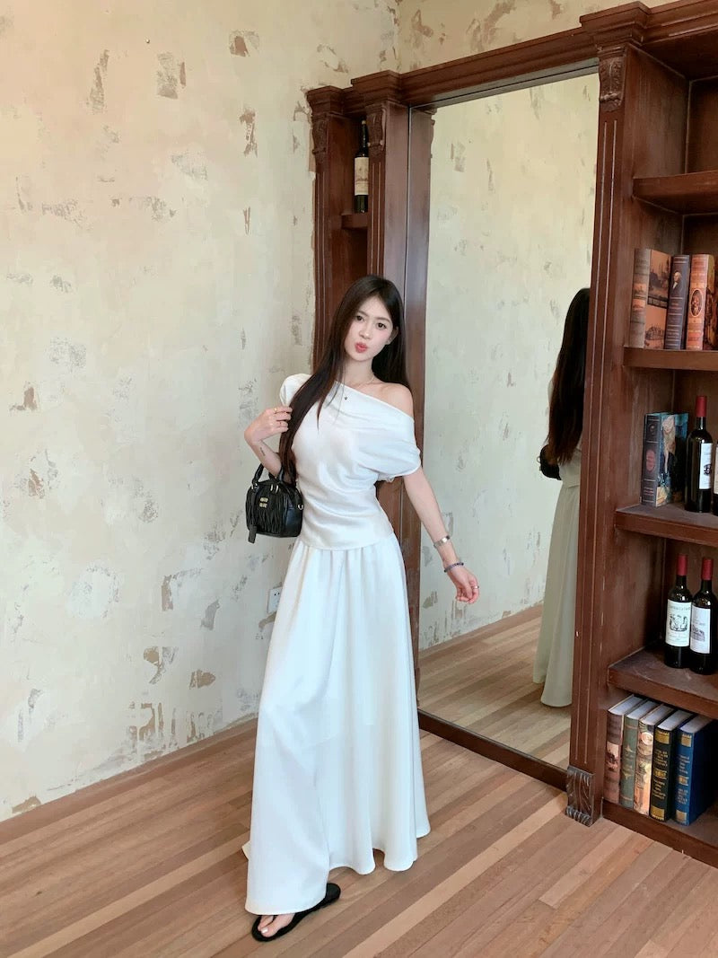 娜露可可 露肩短袖a字长裙套装 Naruko Coco off-shoulder short-sleeve A-line dress set