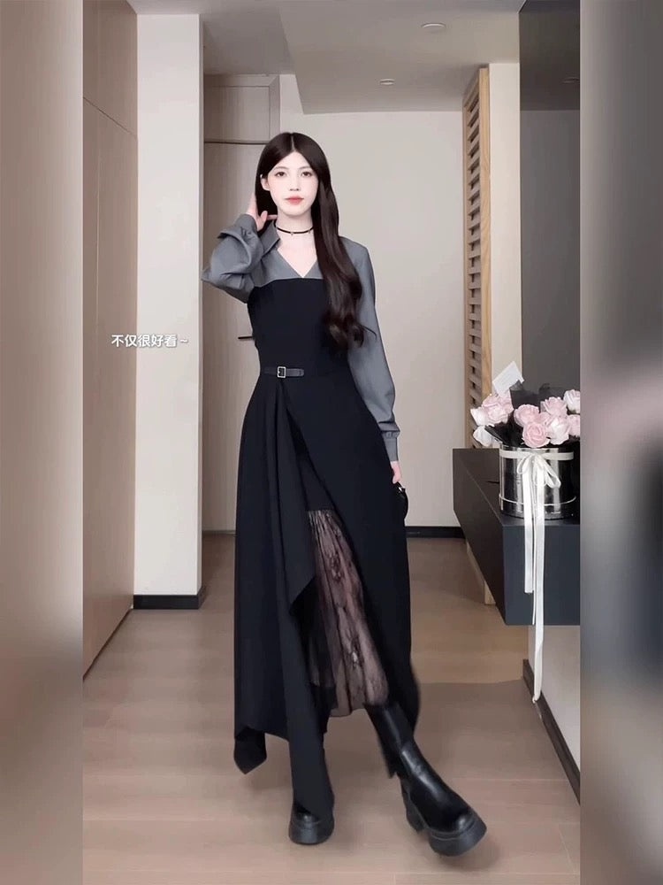 松羽珊 长袖蕾丝假两件连衣裙 Songyushan Long Sleeve Lace Faux Two-Piece Dress