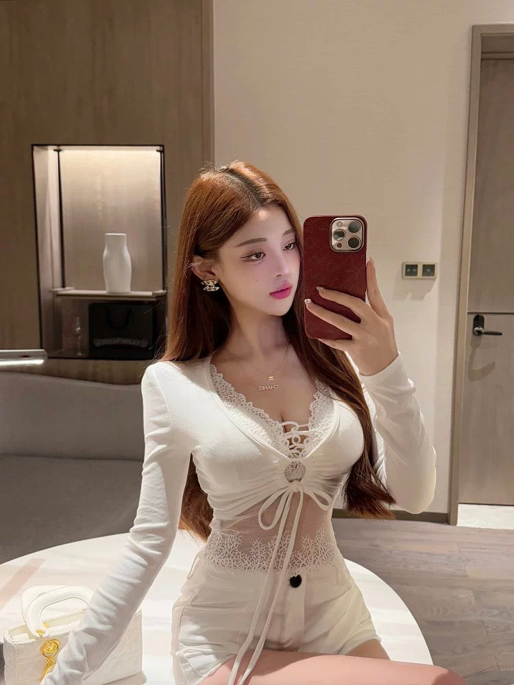 性感露娜 蕾丝叠穿短款辣妹上衣 Sexy Luna Lace Layered Cropped Y2K Top