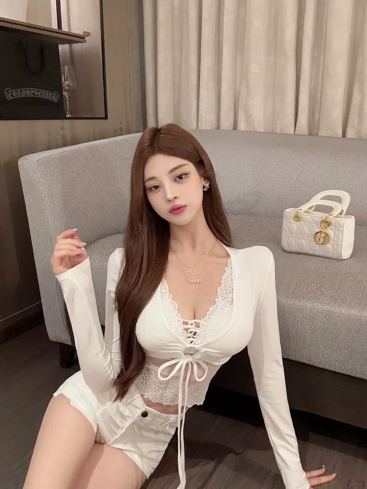 性感露娜 蕾丝叠穿短款辣妹上衣 Sexy Luna Lace Layered Cropped Y2K Top