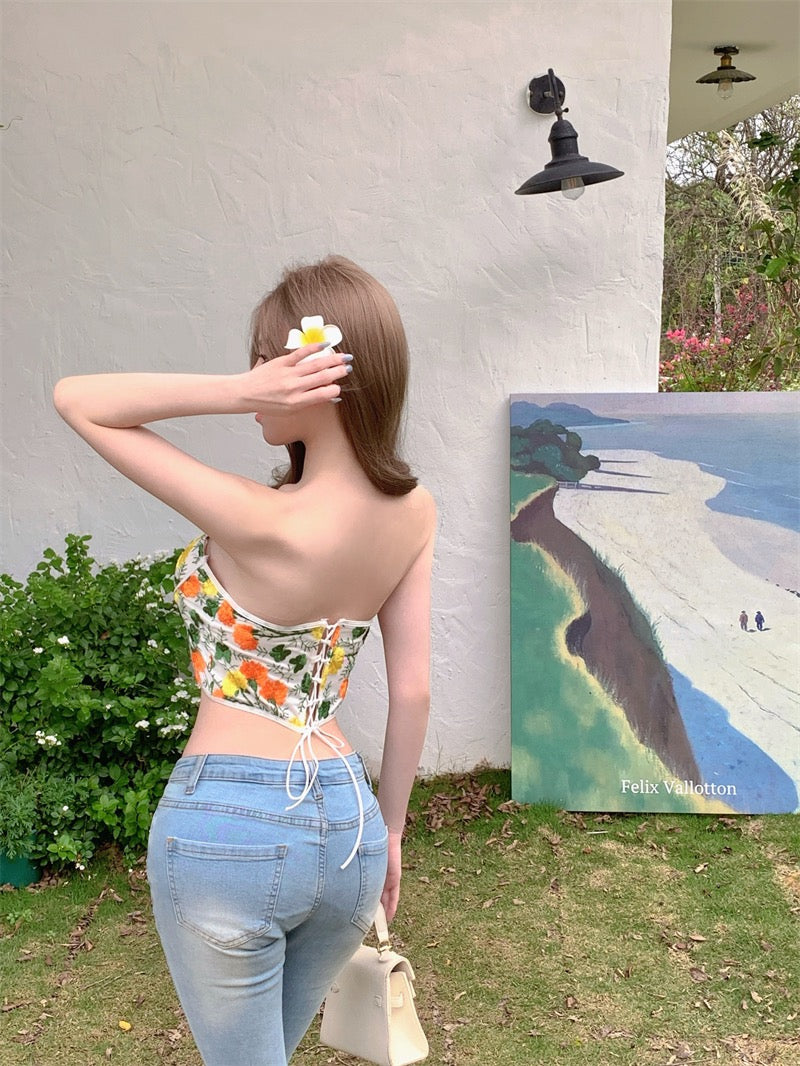 夏威夷花 性感刺绣花朵鱼骨上衣 Hawaiian Floral Sexy Embroidered Corset Top
