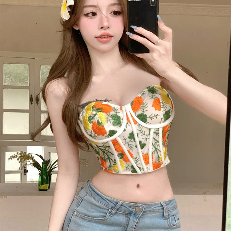 夏威夷花 性感刺绣花朵鱼骨上衣 Hawaiian Floral Sexy Embroidered Corset Top