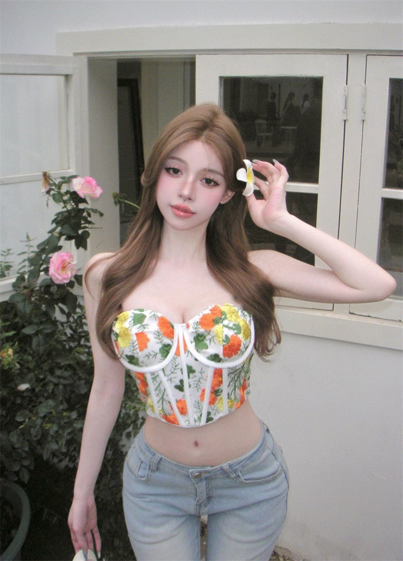 夏威夷花 性感刺绣花朵鱼骨上衣 Hawaiian Floral Sexy Embroidered Corset Top