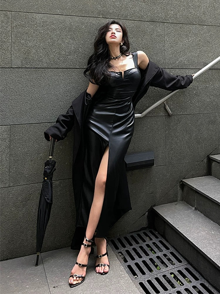 黑小众 设计性感开叉皮裙连衣裙 Black Niche Design Sexy Slit Leather Dress