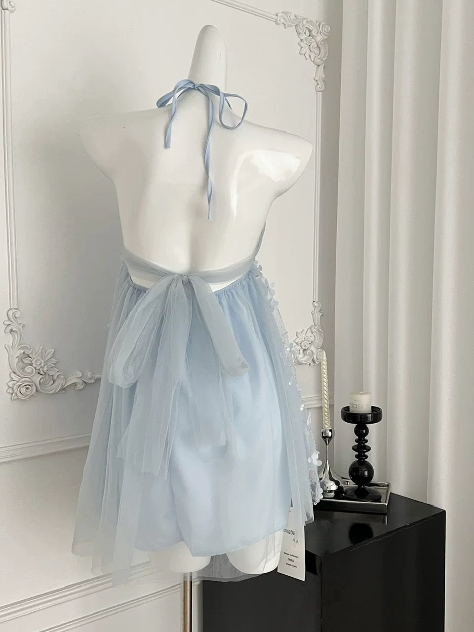 蓝色精灵 立体花朵挂脖吊带连衣裙 Blue Fairy 3D Floral Halter Neck Cami Dress