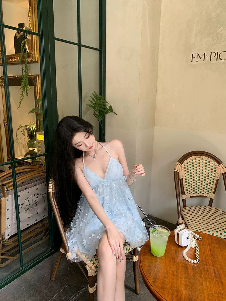 蓝色精灵 立体花朵挂脖吊带连衣裙 Blue Fairy 3D Floral Halter Neck Cami Dress