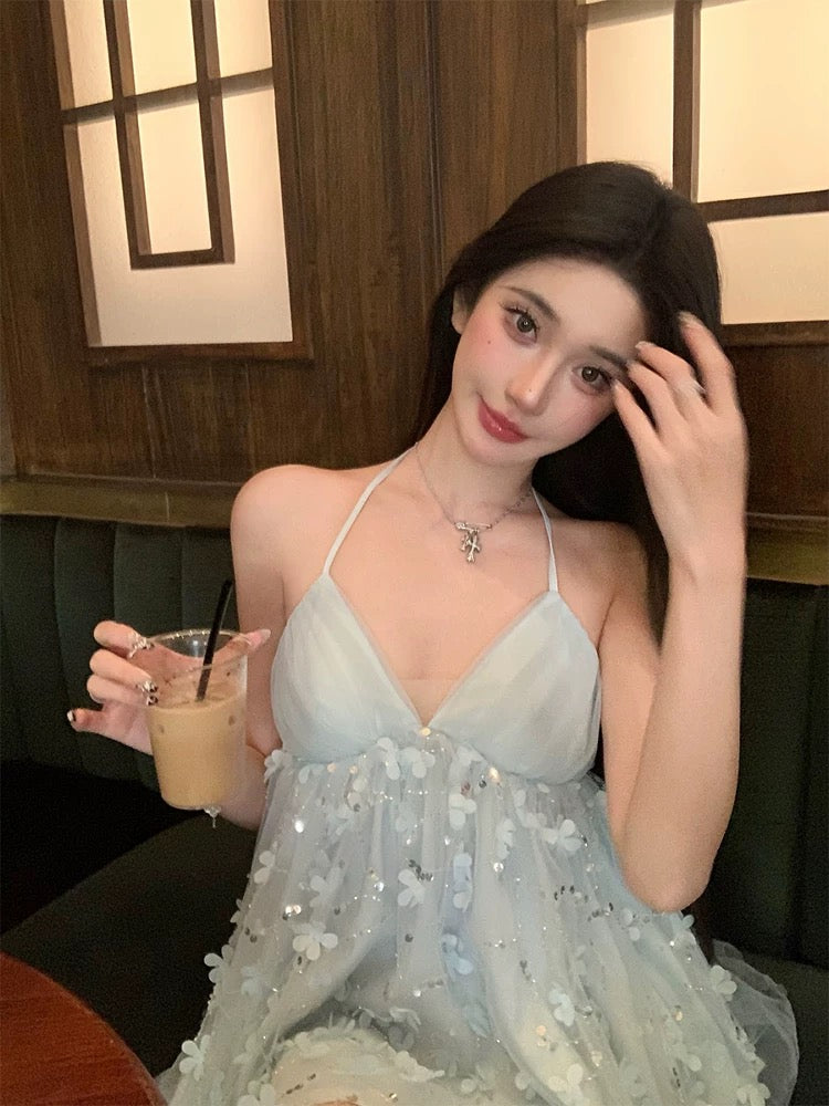 蓝色精灵 立体花朵挂脖吊带连衣裙 Blue Fairy 3D Floral Halter Neck Cami Dress