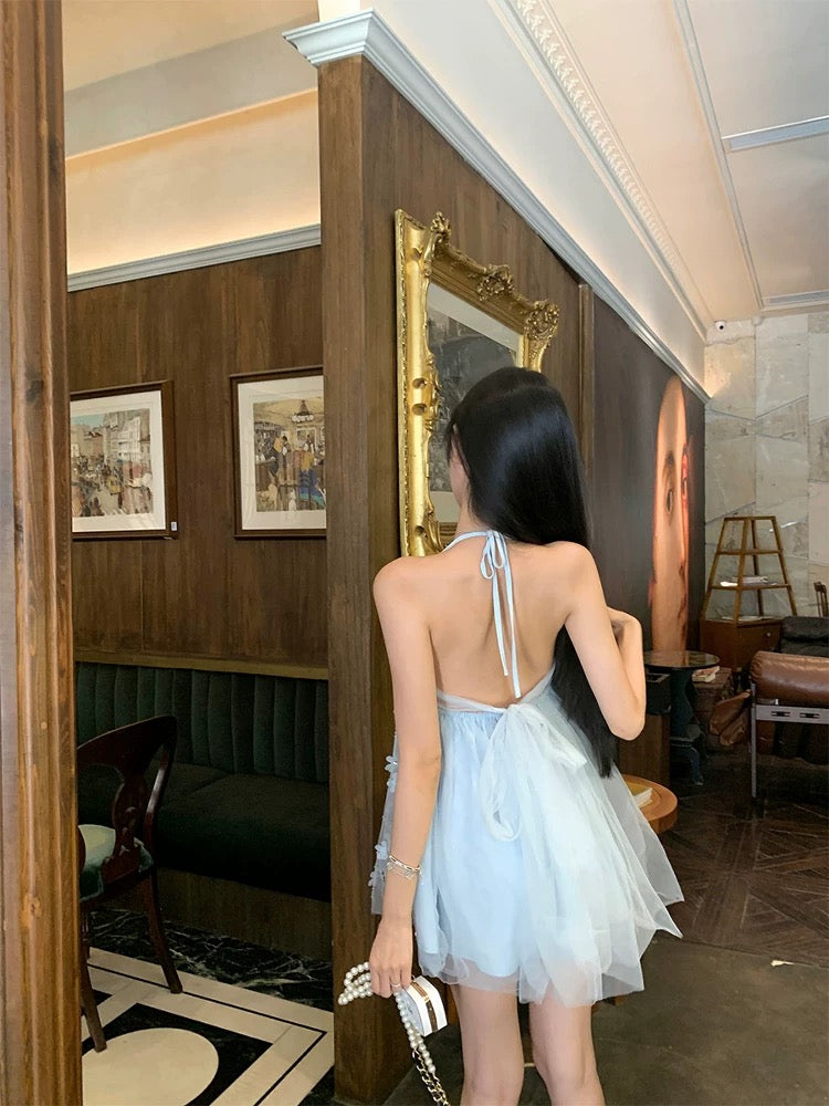 蓝色精灵 立体花朵挂脖吊带连衣裙 Blue Fairy 3D Floral Halter Neck Cami Dress