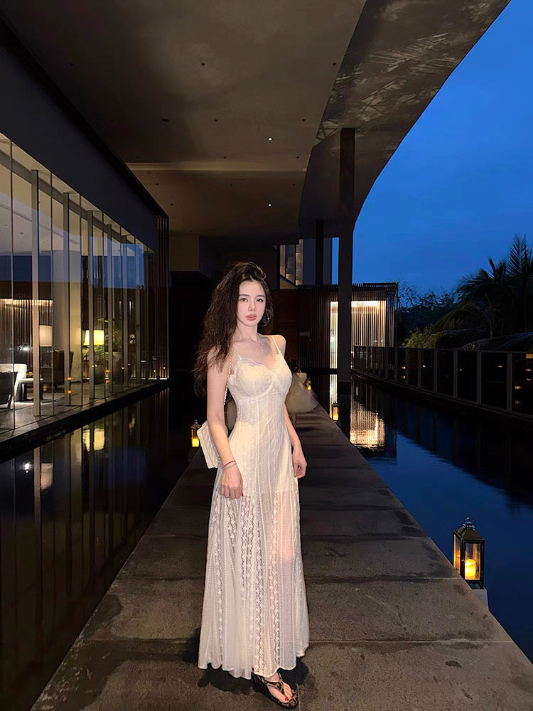 高级浪漫 蕾丝修身设计感白色长裙 High-end romantic stylish design white lace dress