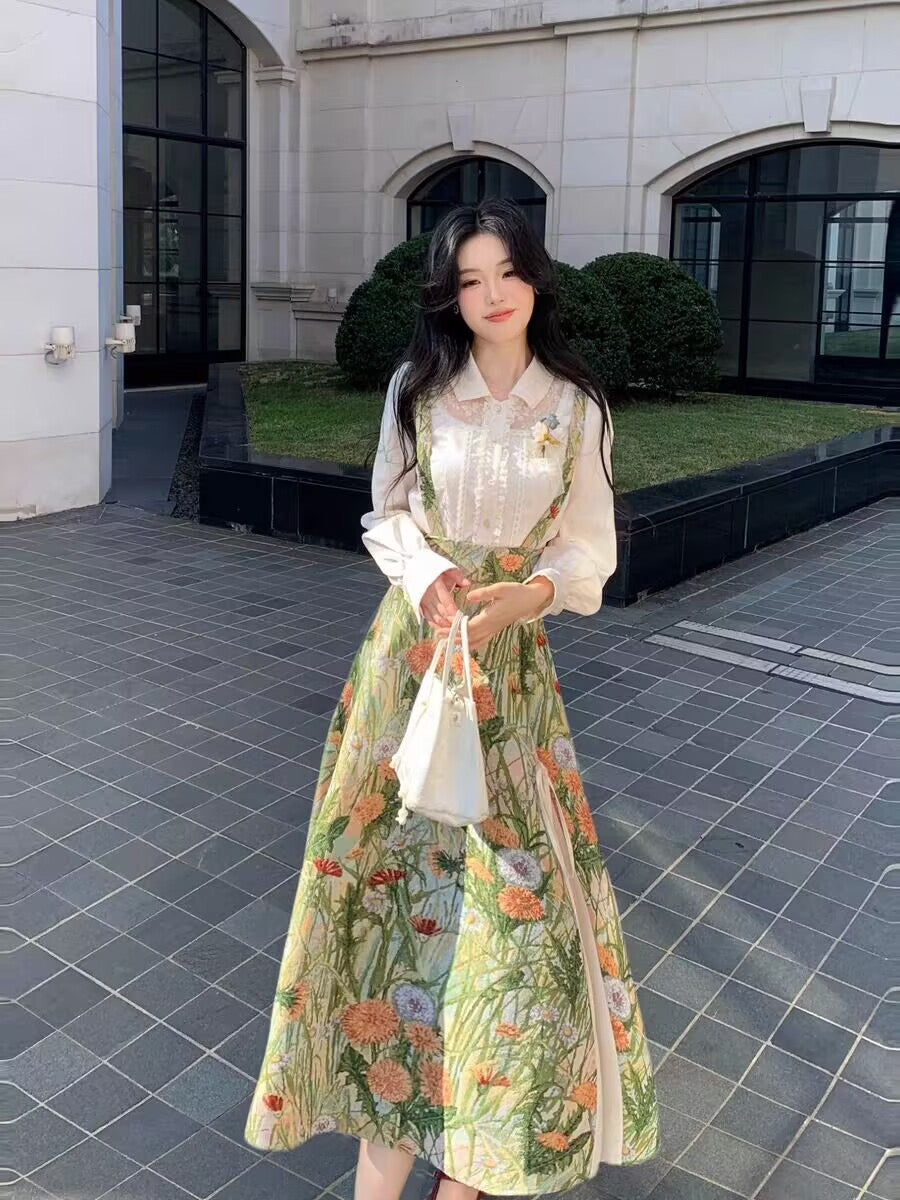 梦境边缘 精致衬衫+油画感背带裙 Edge of Dream – Elegant Blouse + Oil-Painting Style Suspender Dress