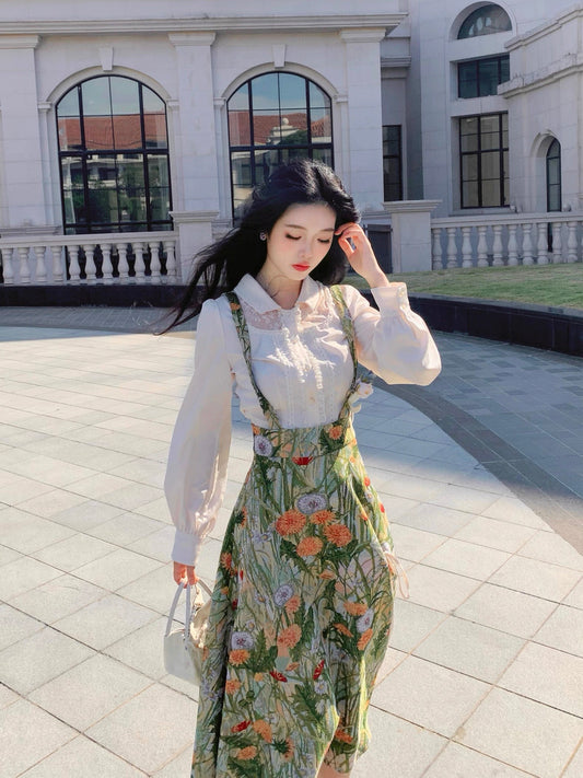梦境边缘 精致衬衫+油画感背带裙 Edge of Dream – Elegant Blouse + Oil-Painting Style Suspender Dress