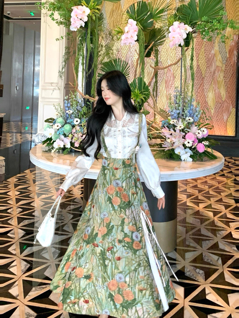 梦境边缘 精致衬衫+油画感背带裙 Edge of Dream – Elegant Blouse + Oil-Painting Style Suspender Dress