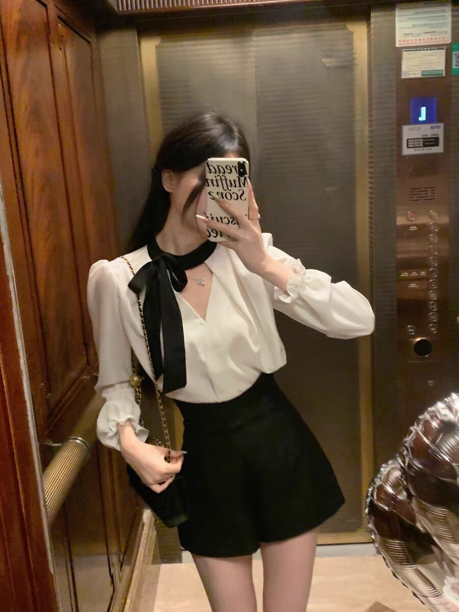 赫本早晨 黑白衬衫高腰短裤气质套装 Hepburn morning style: black and white shirt with high-waisted shorts set