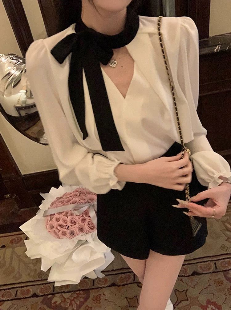 赫本早晨 黑白衬衫高腰短裤气质套装 Hepburn morning style: black and white shirt with high-waisted shorts set