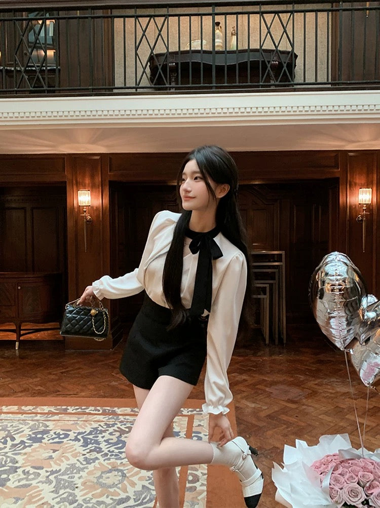赫本早晨 黑白衬衫高腰短裤气质套装 Hepburn morning style: black and white shirt with high-waisted shorts set