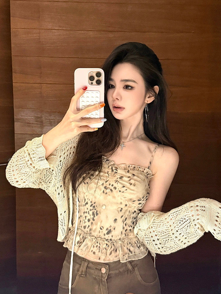 慵懒豹豹 花纹吊带气质百搭三件套 Lazy Leopard – Printed Cami Chic Versatile Three-Piece Set