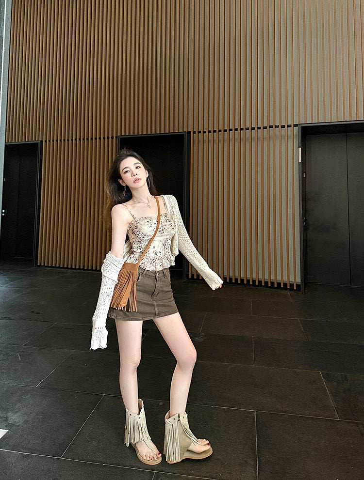 慵懒豹豹 花纹吊带气质百搭三件套 Lazy Leopard – Printed Cami Chic Versatile Three-Piece Set