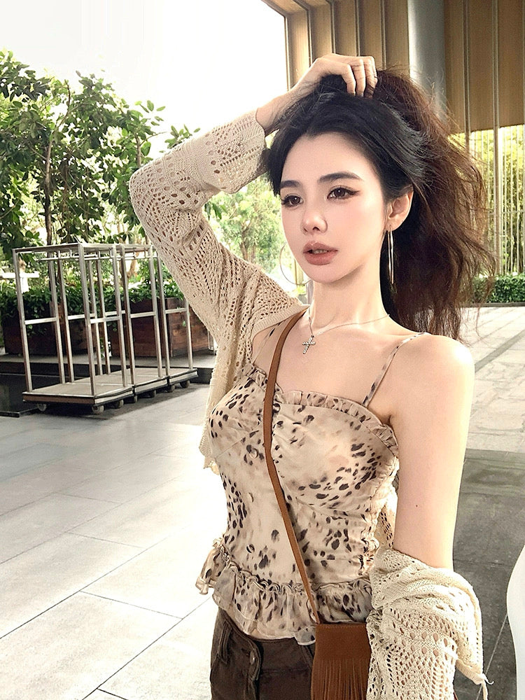 慵懒豹豹 花纹吊带气质百搭三件套 Lazy Leopard – Printed Cami Chic Versatile Three-Piece Set