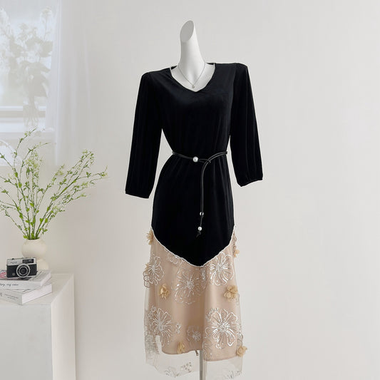 ę³å¼å„¢å½± French Silhouette Heavy Embroidery Lace & Velvet Patchwork Maxi Dress