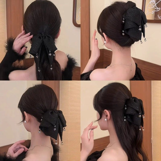 赫本之心 蝴蝶结马尾鲨鱼夹发夹 Hepburn’s Heart: Elegant Bow Claw Clip – Vintage Ponytail Hair Clamp