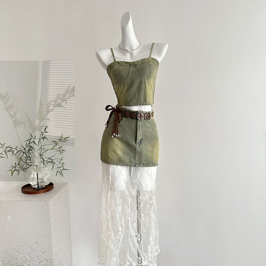 小辣椒 吊带牛仔蕾丝拼接半裙套装 Chili Girl Spaghetti Strap Denim and Lace Patchwork Skirt Set