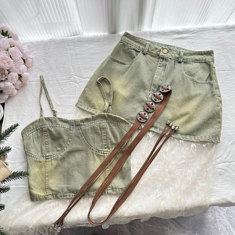 小辣椒 吊带牛仔蕾丝拼接半裙套装 Chili Girl Spaghetti Strap Denim and Lace Patchwork Skirt Set