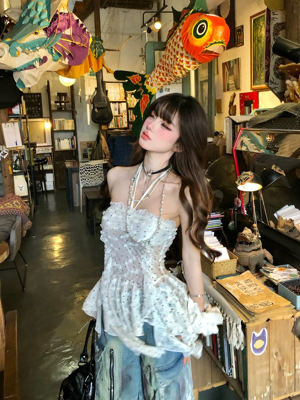 大理山茶 纯欲微透辣妹波点上衣 Dali Camellia Sheer Polka Dot Top – Sweet & Sexy Y2K Style