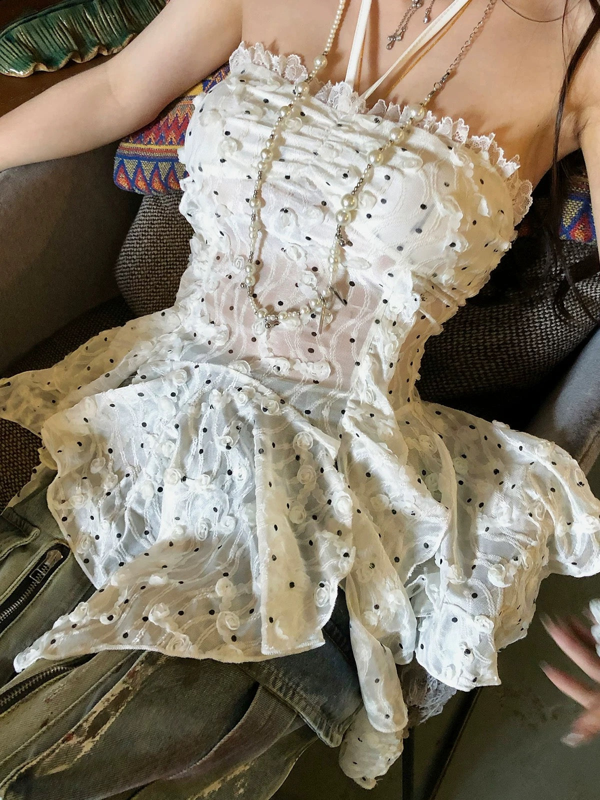 大理山茶 纯欲微透辣妹波点上衣 Dali Camellia Sheer Polka Dot Top – Sweet & Sexy Y2K Style