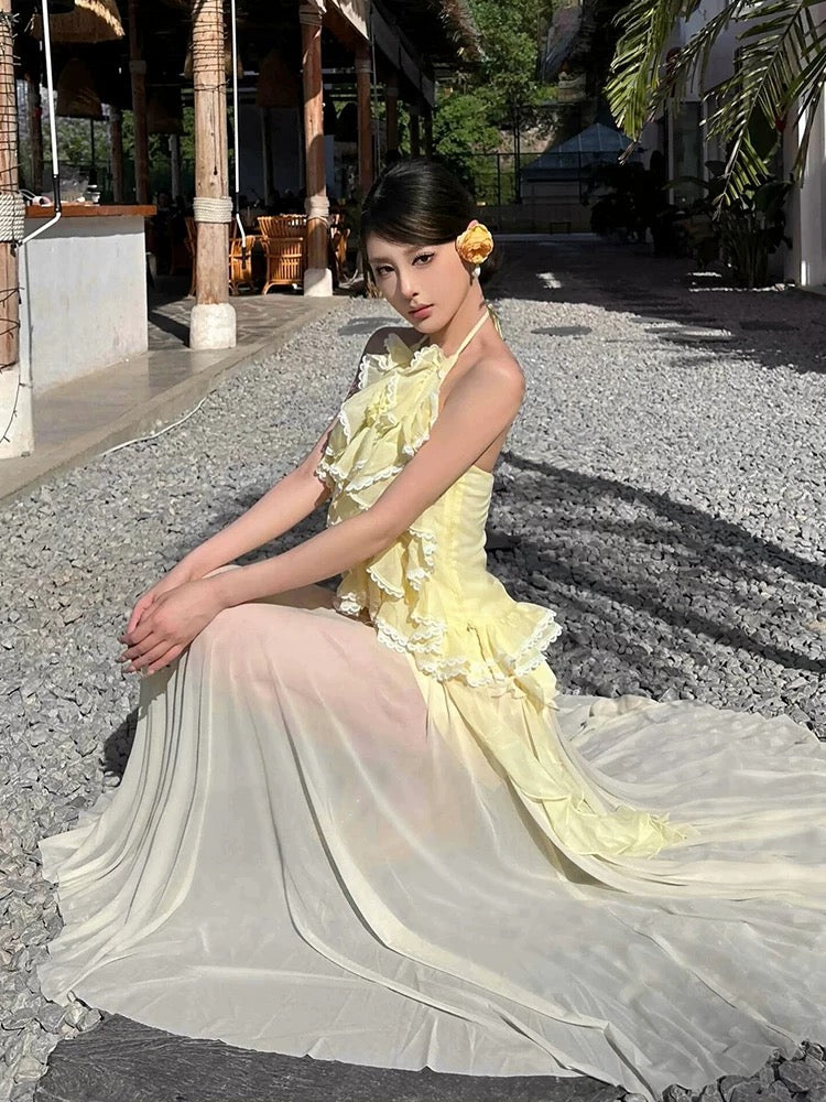 灿烂的她 荷叶边挂脖微透半裙套装 Radiant Her Ruffled Halter Neck Sheer Midi Skirt Set