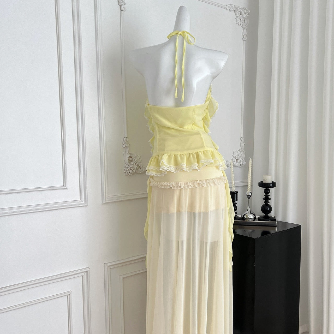 灿烂的她 荷叶边挂脖微透半裙套装 Radiant Her Ruffled Halter Neck Sheer Midi Skirt Set