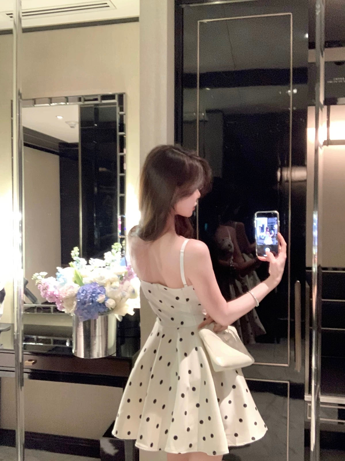 韩式波点 短裙波点裙收腰连衣裙 Korean-Style Polka Dot Short Dress with a Cinched Waist