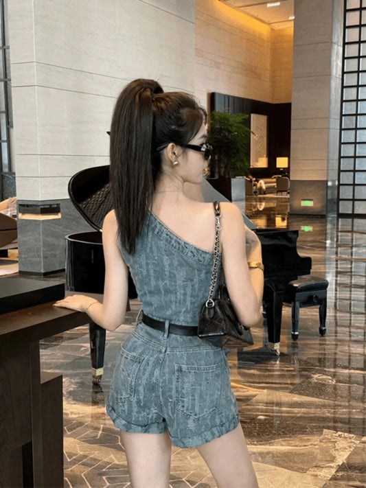 牧羊少女 斜肩设计感牛仔连体裤 Shepherd Girl Off-Shoulder Stylish Denim Jumpsuit