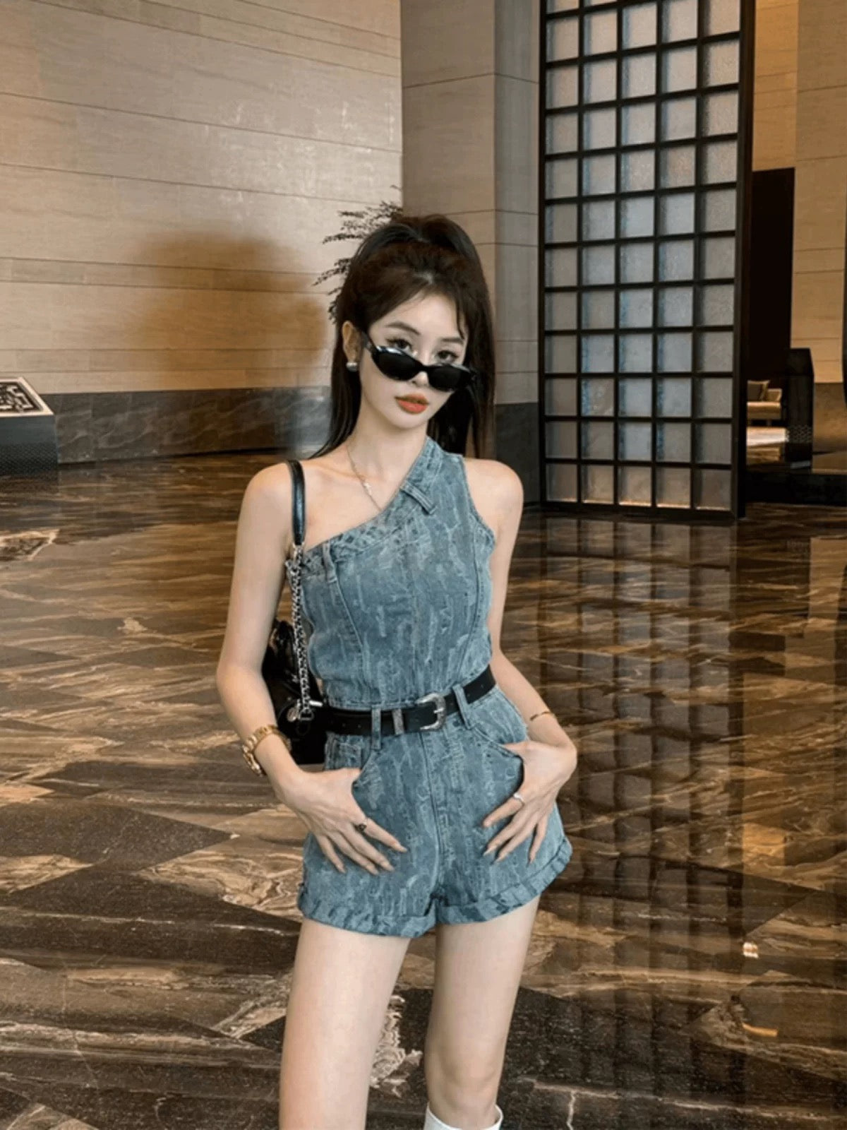 牧羊少女 斜肩设计感牛仔连体裤 Shepherd Girl Off-Shoulder Stylish Denim Jumpsuit