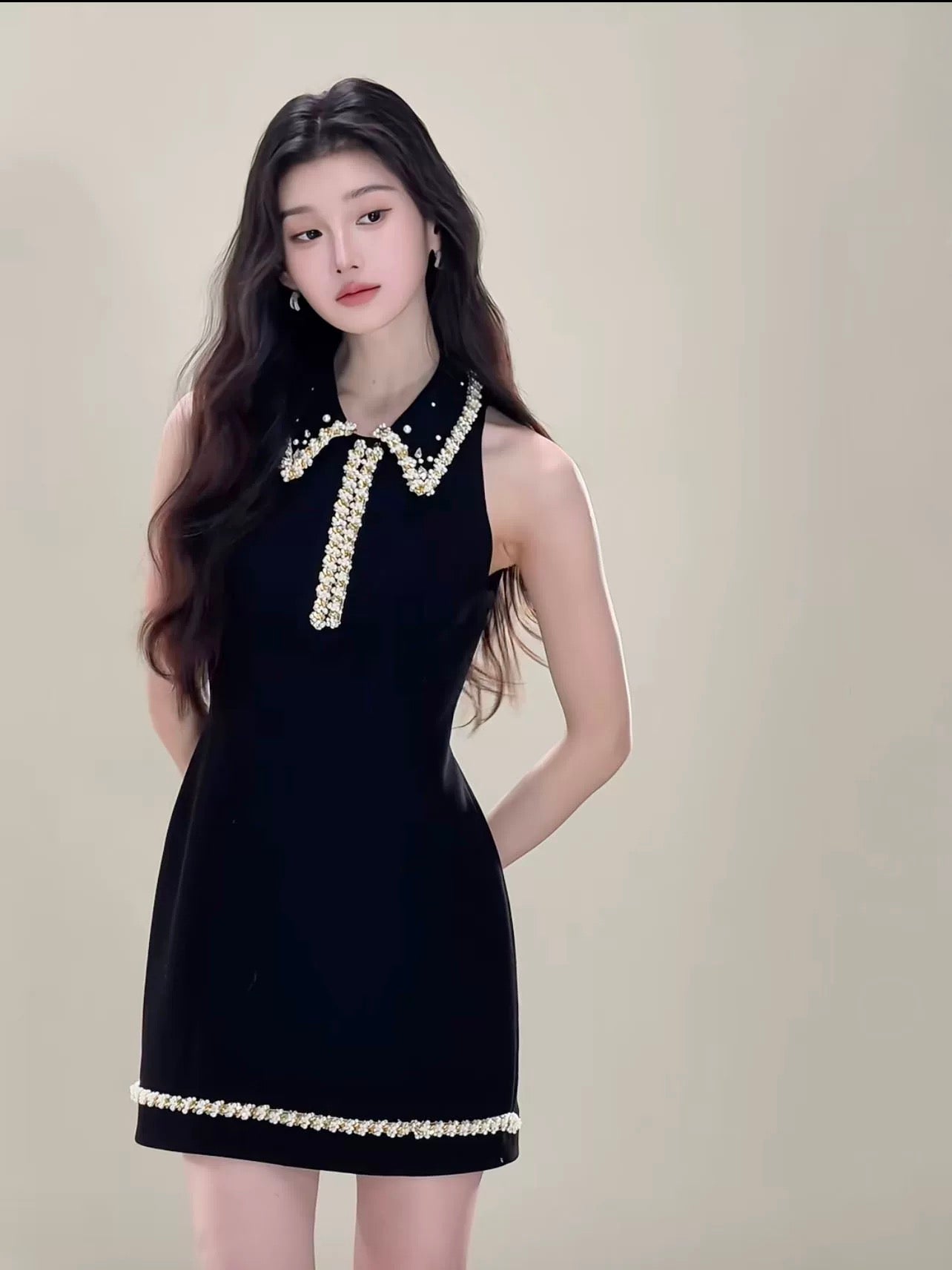 星耀黑 钉珠小香收腰连衣裙 Starlight Black Pearl-Button Chanel-Style Waist-Cinching Dress