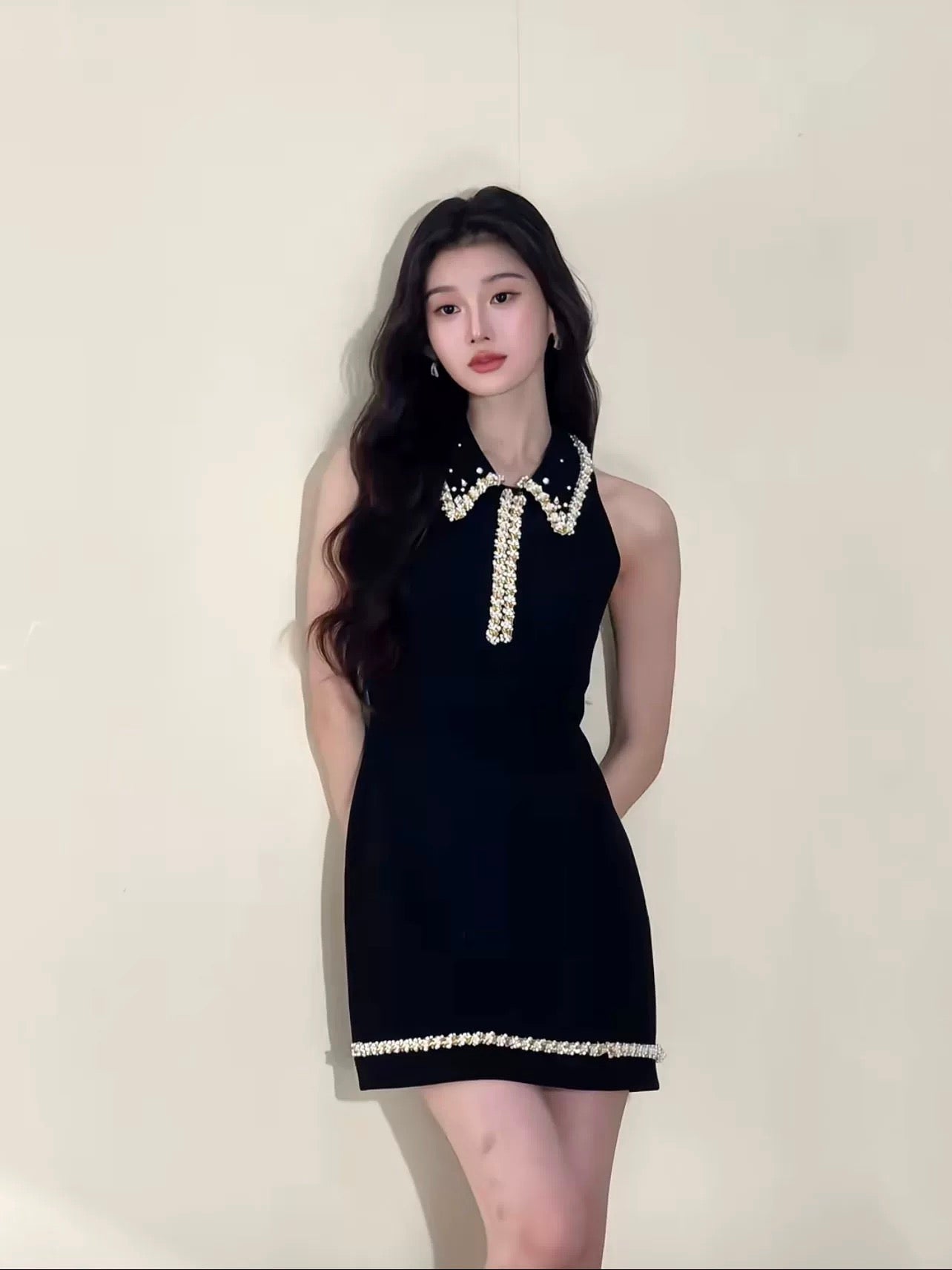 星耀黑 钉珠小香收腰连衣裙 Starlight Black Pearl-Button Chanel-Style Waist-Cinching Dress