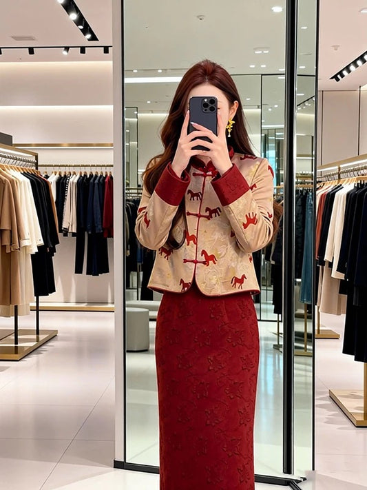 放马川 新中式撞色旗袍外套套装 Wild Rose & River | Contrast Trim New Chinese Jacket & Cheongsam Set