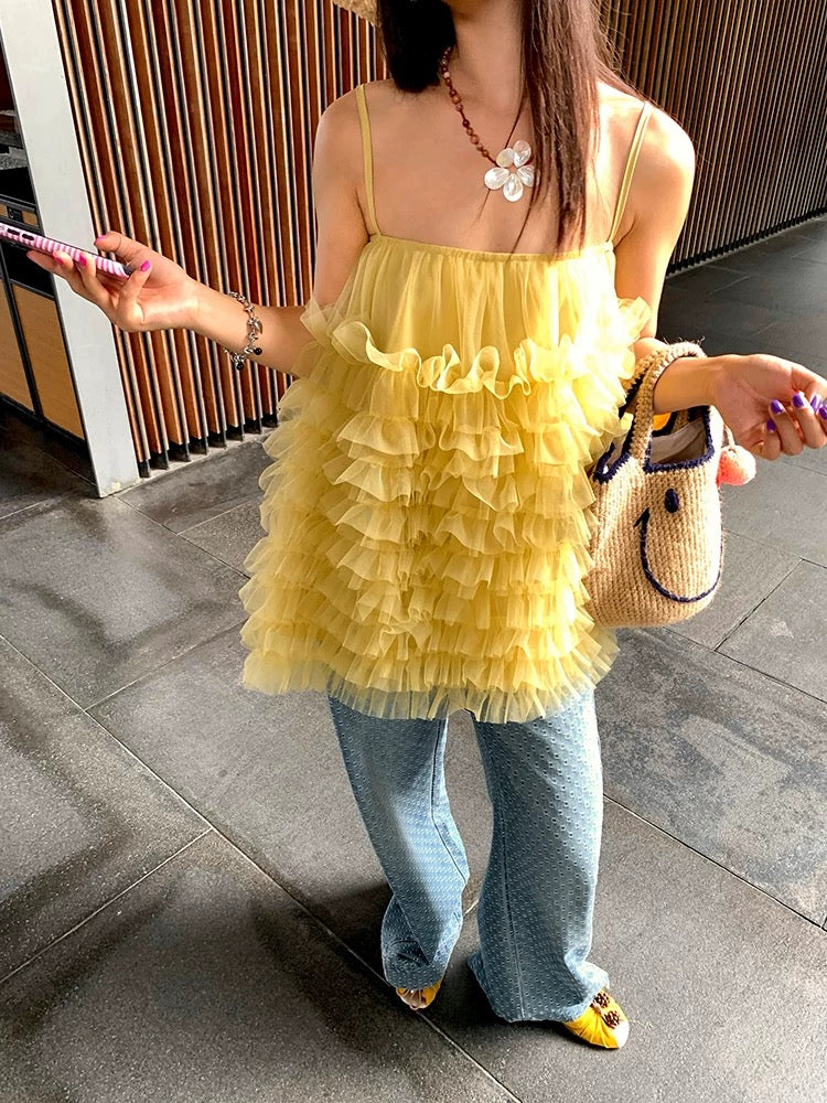 黄雀伊人 薄纱蓬蓬超上镜吊带裙 Golden Finch Beauty Tulle Puffy Photogenic Spaghetti Strap Dress