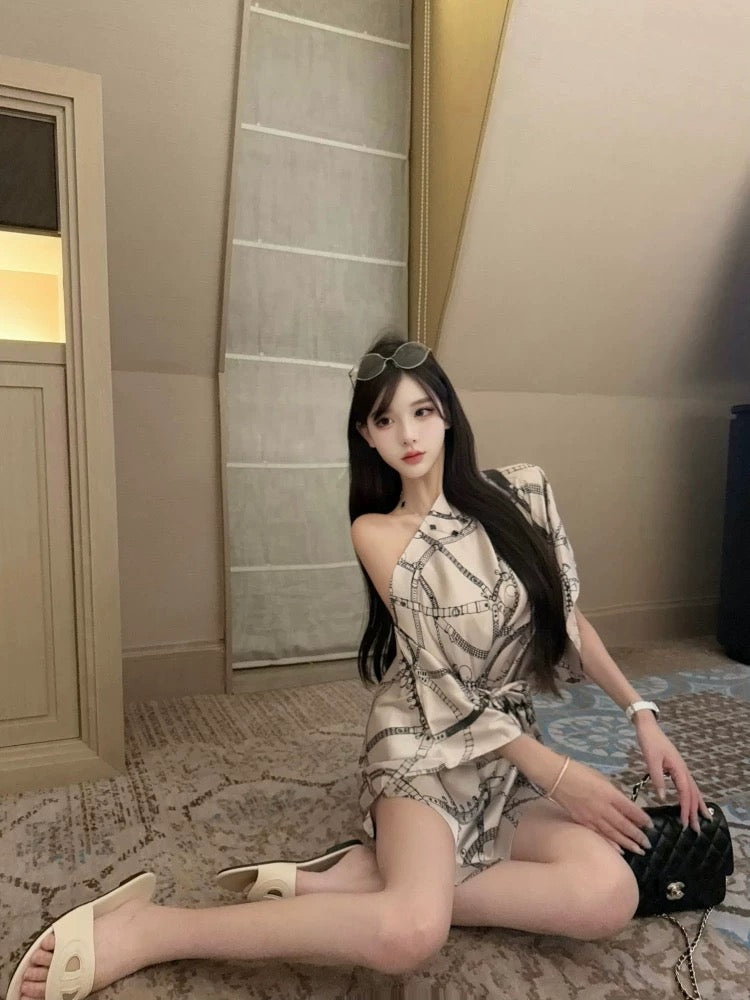 沪上千金 斜肩系带老钱风丝巾连衣裙 Shanghai Socialite Asymmetrical Tie-Strap Scarf Dress in Old Money Style