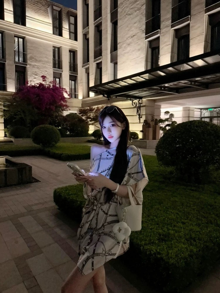 沪上千金 斜肩系带老钱风丝巾连衣裙 Shanghai Socialite Asymmetrical Tie-Strap Scarf Dress in Old Money Style