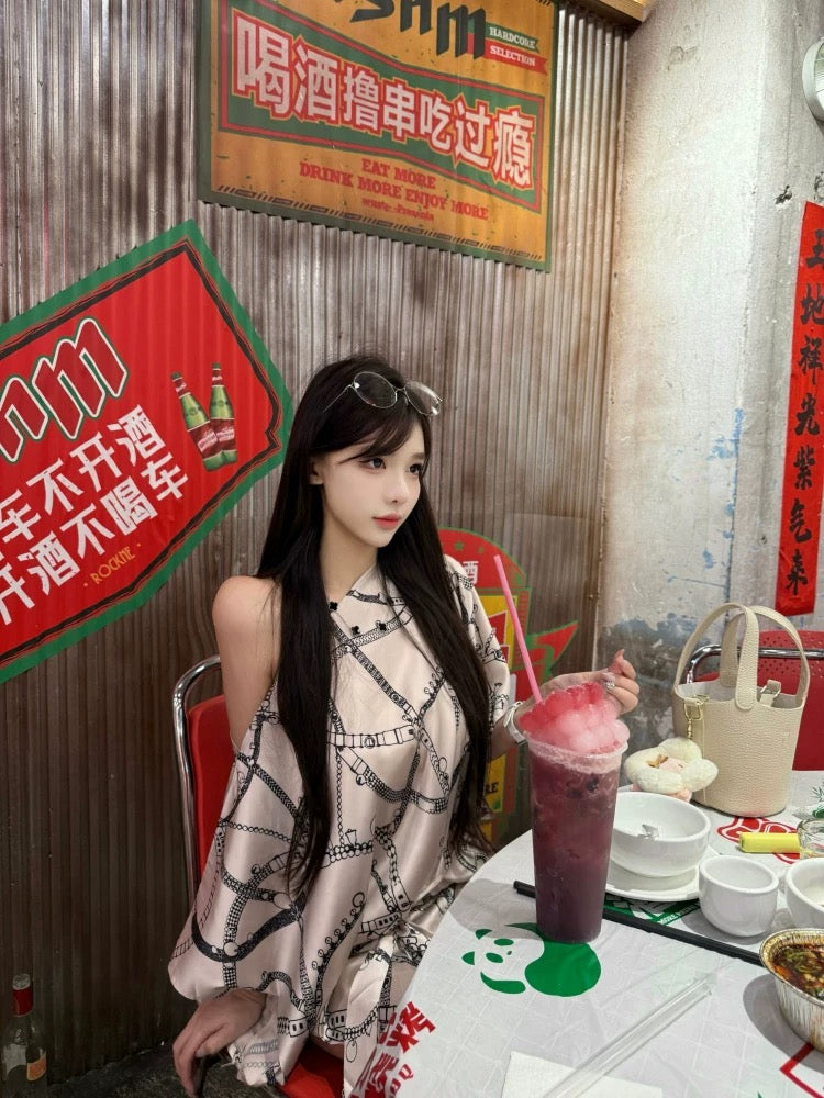沪上千金 斜肩系带老钱风丝巾连衣裙 Shanghai Socialite Asymmetrical Tie-Strap Scarf Dress in Old Money Style