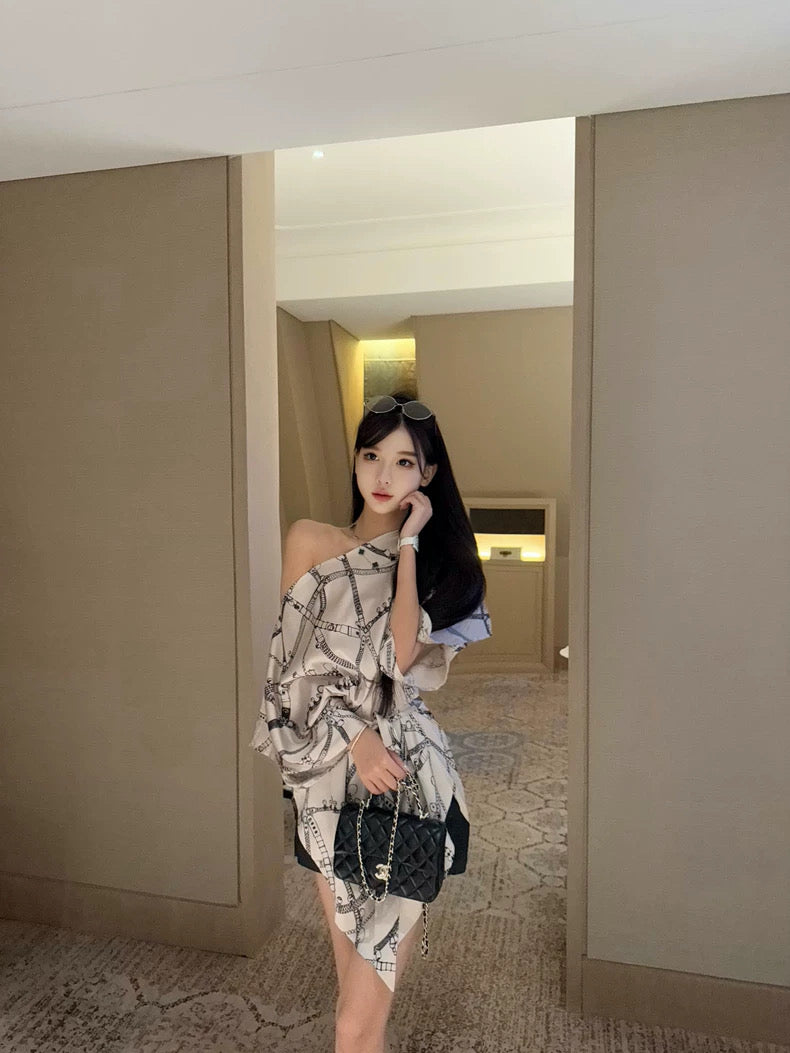 沪上千金 斜肩系带老钱风丝巾连衣裙 Shanghai Socialite Asymmetrical Tie-Strap Scarf Dress in Old Money Style
