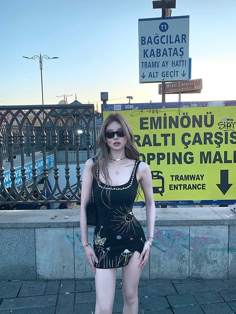 星河缪斯 复古刺绣开叉连衣裙 Galaxy Muse Vintage Embroidered Slit Dress
