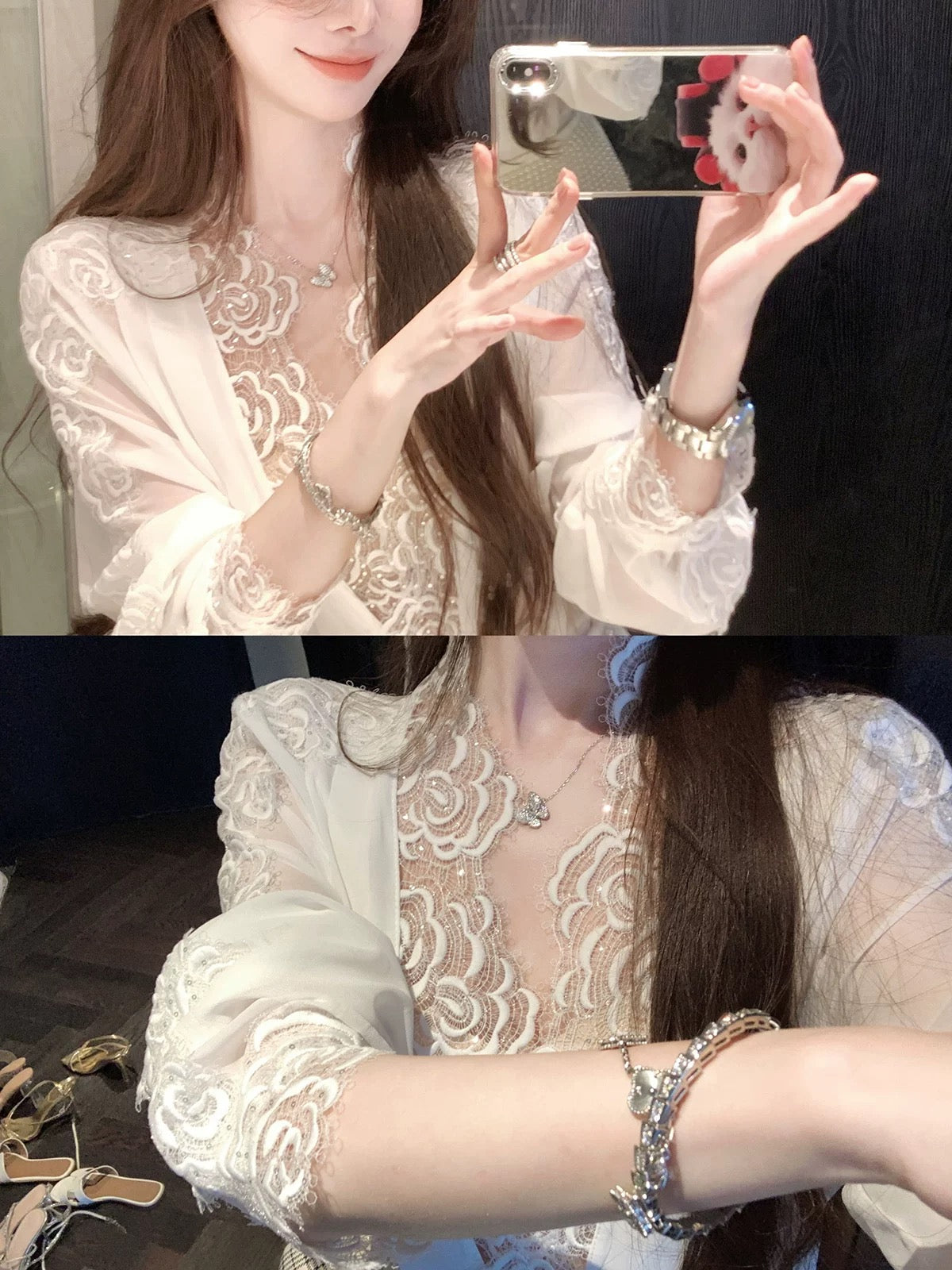 高智韩女 玫瑰蕾丝V领衬衫 Elegant Korean Style Rose Lace V-Neck Blouse