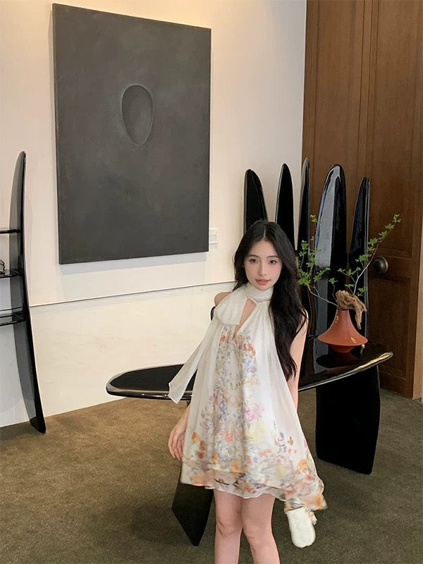 云烟剪影 印花网纱挂脖连衣裙 Misty Silhouette Printed Mesh Halter Neck Dress