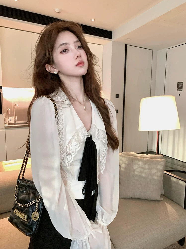 凯尼美美 长袖v领蕾丝气质衬衫上衣 Kaine‘s Beauty Long-Sleeve V-Neck Lace Elegant Blouse