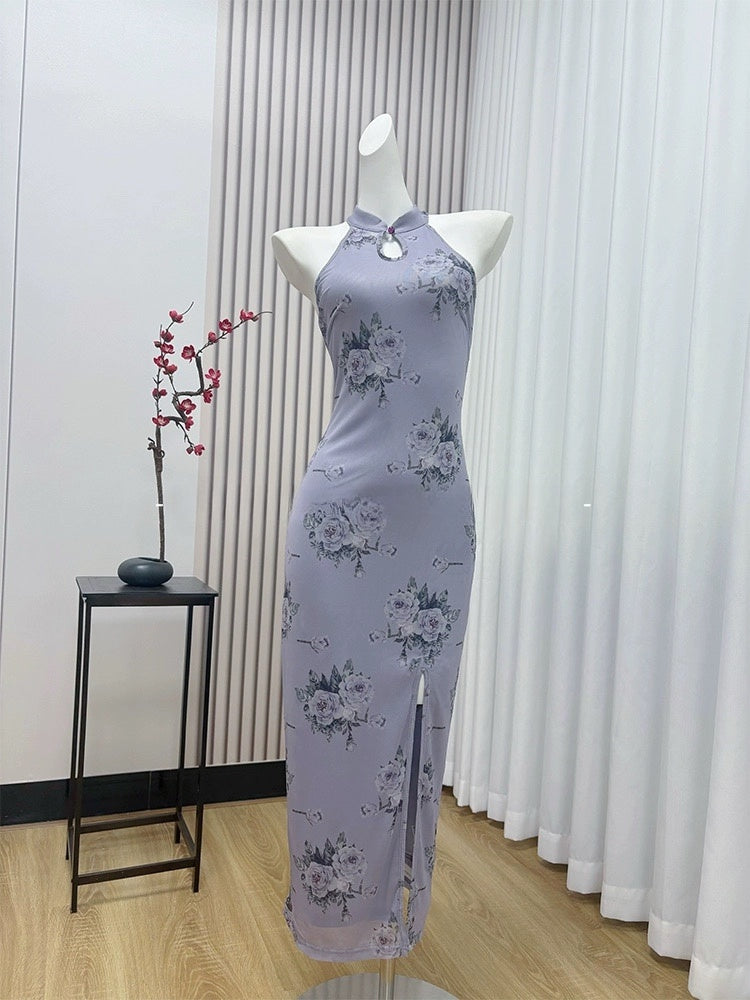优柔芊芊 新中式紫印花开叉旗袍 Graceful Charm New Chinese-Style Purple Floral Slit Qipao Cheongsam