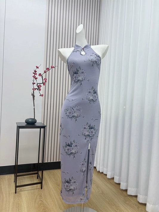优柔芊芊 新中式紫印花开叉旗袍 Graceful Charm New Chinese-Style Purple Floral Slit Qipao Cheongsam