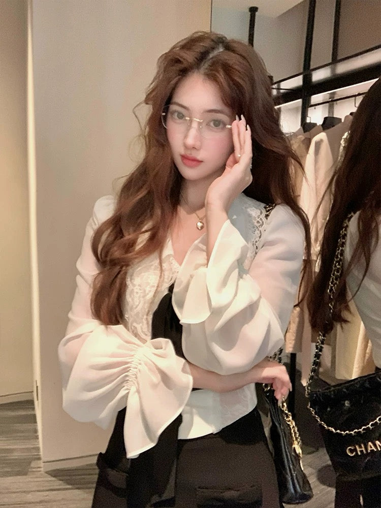 凯尼美美 长袖v领蕾丝气质衬衫上衣 Kaine‘s Beauty Long-Sleeve V-Neck Lace Elegant Blouse