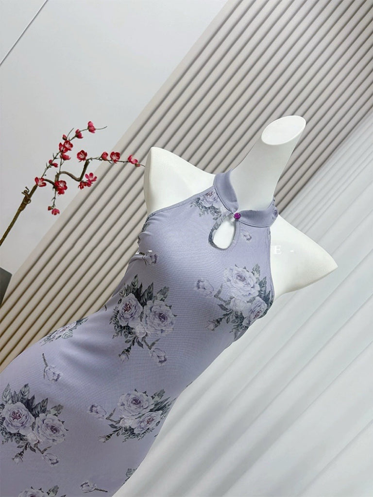 优柔芊芊 新中式紫印花开叉旗袍 Graceful Charm New Chinese-Style Purple Floral Slit Qipao Cheongsam