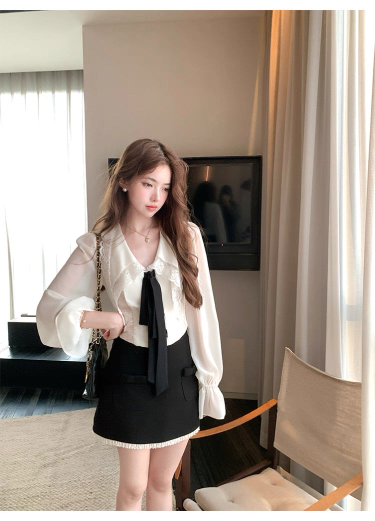 凯尼美美 长袖v领蕾丝气质衬衫上衣 Kaine‘s Beauty Long-Sleeve V-Neck Lace Elegant Blouse